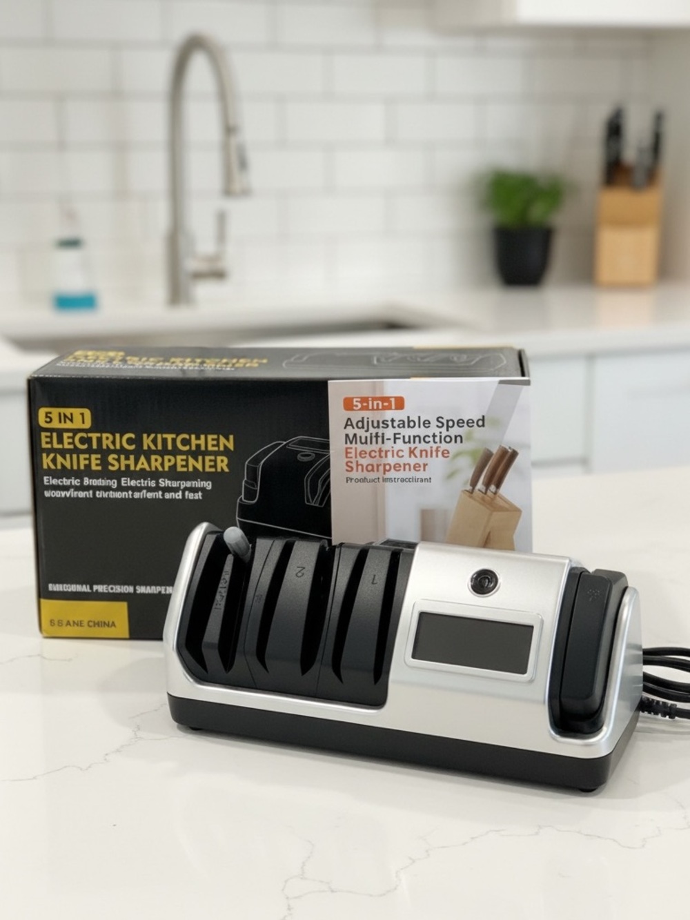 🆕5 in 1 Electric Knife Sharpener with LCD Screen, 3 Rotational Speed Adjustable,